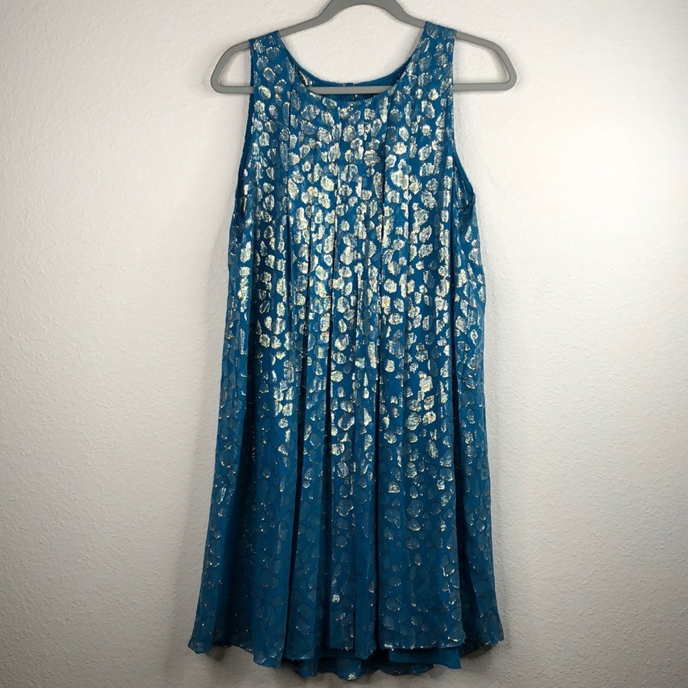 Anthropologie Trapese Dress Blue Leaf Motif Tinsel Printed Lined Womens 10 NEW
